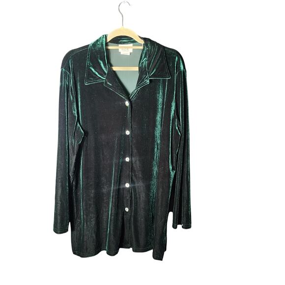 Tanuja Dior XL Emerald Green Stretch Velvet Side Slit Shacket Button Up Top EUC - Picture 1 of 8